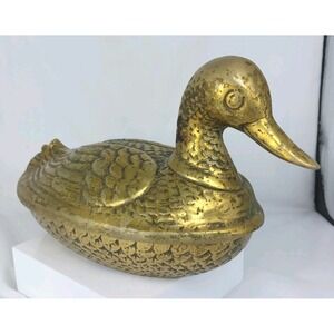 Vintage Solid Brass Duck Mallard Figurine Storage Box 7"x11.5" Singapore? *READ